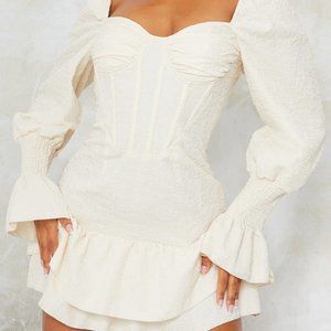 Champagne Crinkle Corset Detail Shirred Cuff Bodycon Dress